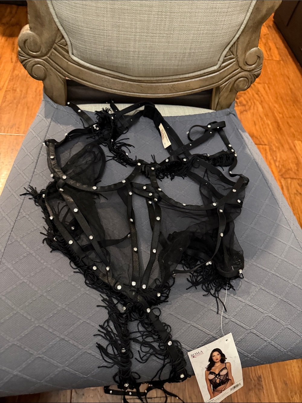 Roma Black Sheer Fringe Harness Teddy with Rhinestones